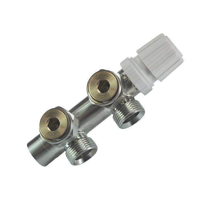 Thermostat-Unterblock 3/4", winklig-links, Gebürsteter Stahl