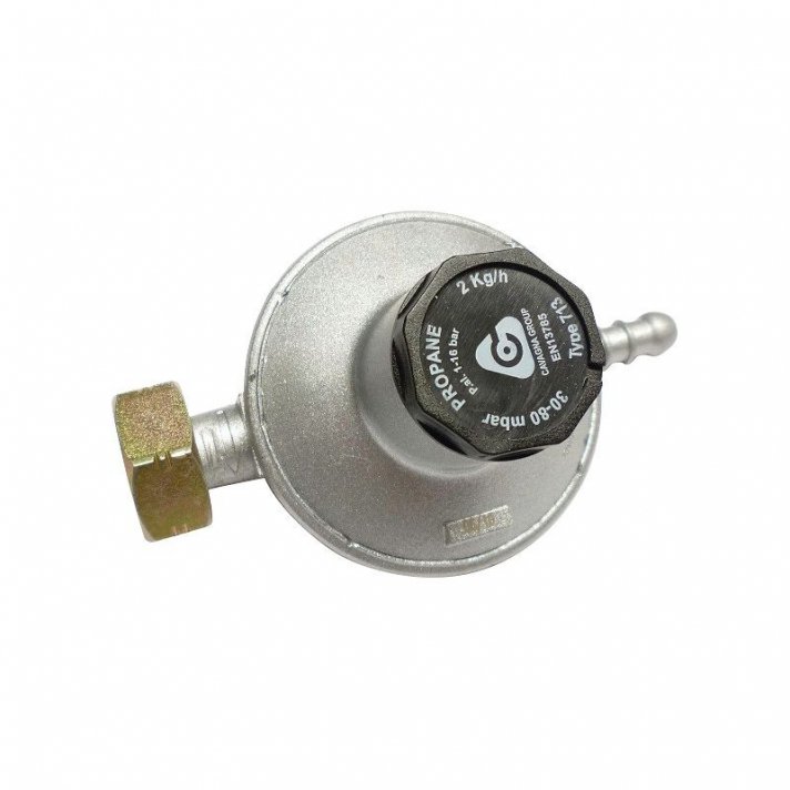 Flaschenregler 30–80 mbar, Durchfluss 2 kg/h, Schlauchmutteranschluss
