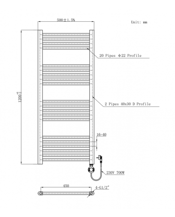1200x500 - 700 Watt | elektrischer Handtuchheizkörper weiß