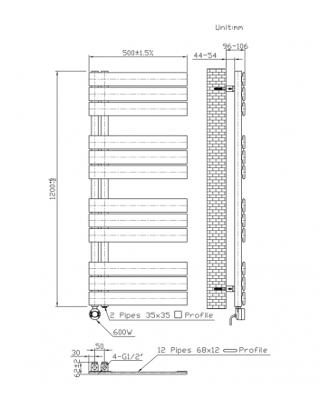 1200x500 – 593 Watt | elektrische handdoekradiator zwart | links aansluiting/comb