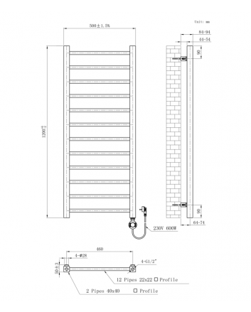 1200x500 - 413 W | elektrischer Handtuchheizkörper weiß