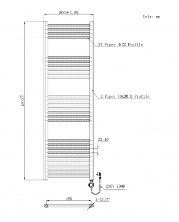 1600x500 - 1000 Watt | Elektrischer Handtuchheizkörper Weiß