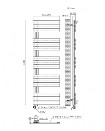 1600x500 - 755 W | elektrischer Handtuchheizkörper schwarz | Anschluss links/kombiniert