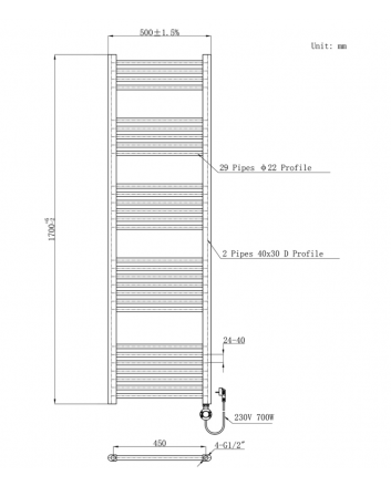 1700x500 - 985 Watt | elektrischer Handtuchheizkörper weiß