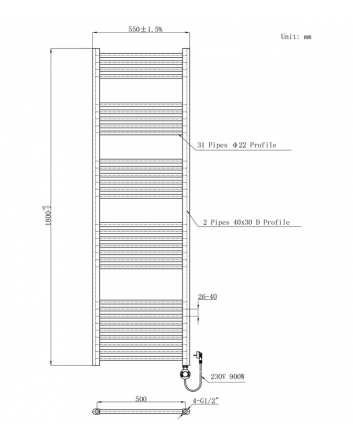 1800x550 - 900 Watt | elektrischer Handtuchheizkörper mattschwarz