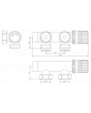 Thermostat-Unterblock 3/4", winklig-links, Gebürsteter Stahl