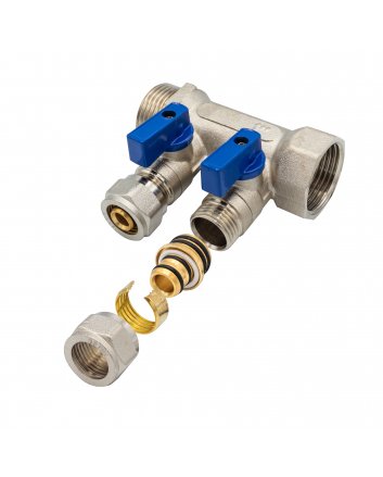 Verteiler mit Kugelhahn MV-1" 2x16 Blau