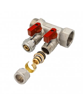 Verteiler mit Kugelhahn MV-1" 2x16 Rot