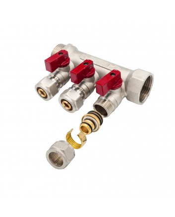 Verteiler mit Kugelhahn MV-1" 3x16 Rot