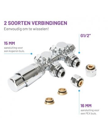 Chrom Heizkörper-Anschlussset, gerade, für Heizkörper mit unterem Anschluss, für 16 mm Rohr