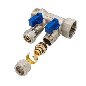 Verteiler mit Kugelhahn MV-1" 2x16 Blau
