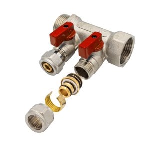 Verteiler mit Kugelhahn MV-1" 2x16 Rot