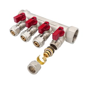 Verteiler mit Kugelhahn MV-1" 4x16 Rot